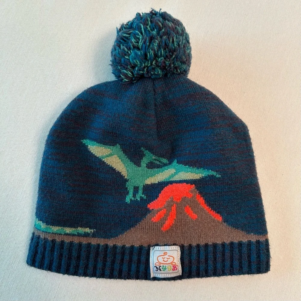 Baby Toddler Dinosaur Winter Pom-Pom Beanie Hat & Matching Mittens Set Soft Warm